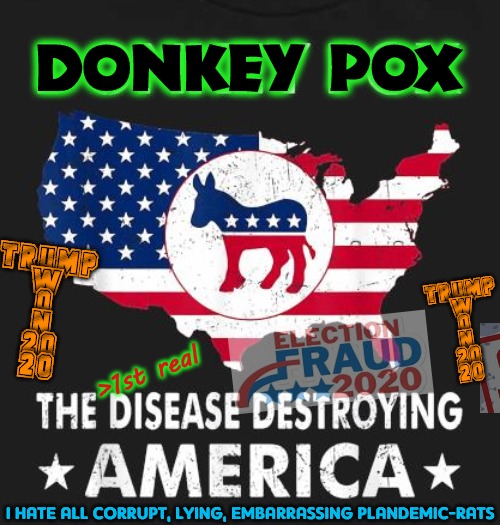 no coincidence that a jackass is the party's icon | DONKEY POX; TRUMP
W
O
N
20
20; TRUMP
W
O
N
20
20; >1st real; I HATE ALL CORRUPT, LYING, EMBARRASSING PLANDEMIC-RATS | image tagged in plandemic-rats,crying democrats,scumbag democrats,biden wasn't elected,not my pedophile,douchebag democraps | made w/ Imgflip meme maker