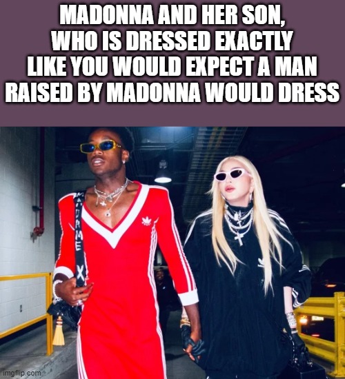 Madonna And Her Son | MADONNA AND HER SON, WHO IS DRESSED EXACTLY LIKE YOU WOULD EXPECT A MAN RAISED BY MADONNA WOULD DRESS | image tagged in madonna,madonna strike a pose,son,drag queen,funny,memes | made w/ Imgflip meme maker