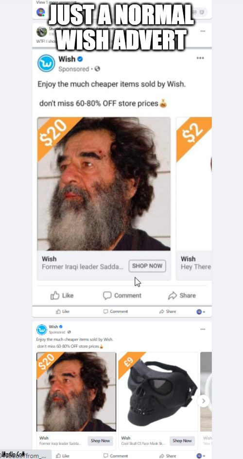 Saddam Hussain for sale on WISH | JUST A NORMAL WISH ADVERT | image tagged in saddam,wish,shop,fail,advertising | made w/ Imgflip meme maker