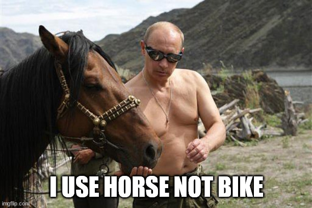 Putin with a Horse | I USE HORSE NOT BIKE | image tagged in putin with a horse | made w/ Imgflip meme maker