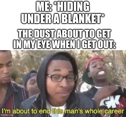 I’m about to end this man’s whole career | ME: *HIDING UNDER A BLANKET*; THE DUST ABOUT TO GET IN MY EYE WHEN I GET OUT: | image tagged in i m about to end this man s whole career | made w/ Imgflip meme maker