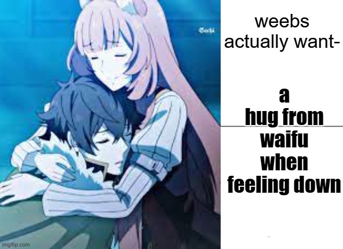 meme | weebs actually want-; a hug from waifu when feeling down | image tagged in weebs | made w/ Imgflip meme maker