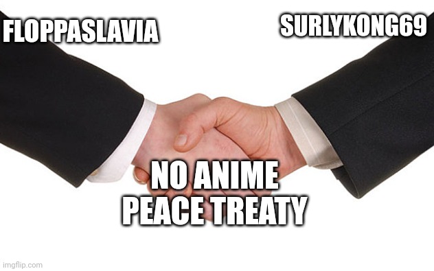 Business Handshake | SURLYKONG69; FLOPPASLAVIA; NO ANIME PEACE TREATY | image tagged in business handshake | made w/ Imgflip meme maker