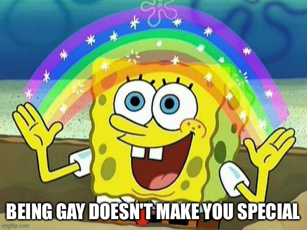 no hate btw, just saying- | BEING GAY DOESN'T MAKE YOU SPECIAL | image tagged in spongebob rainbow | made w/ Imgflip meme maker
