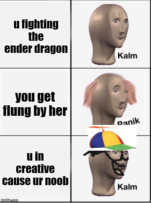 Minecraft | u fighting the ender dragon; you get flung by her; u in creative cause ur noob | image tagged in reverse kalm panik | made w/ Imgflip meme maker