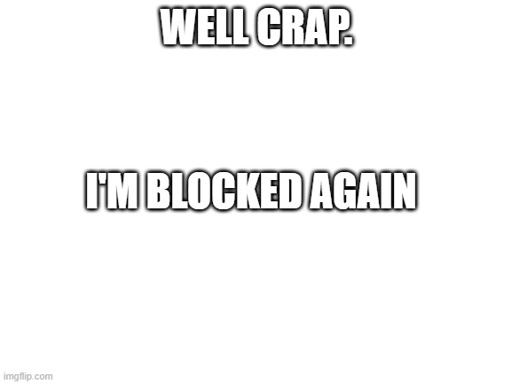 -_- | WELL CRAP. I'M BLOCKED AGAIN | image tagged in blank white template,well crap | made w/ Imgflip meme maker
