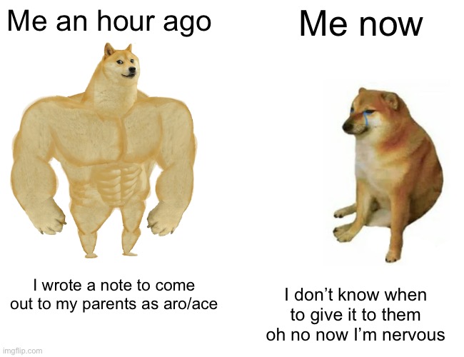 Buff Doge vs. Cheems Meme | Me an hour ago; Me now; I wrote a note to come out to my parents as aro/ace; I don’t know when to give it to them oh no now I’m nervous | image tagged in memes,buff doge vs cheems | made w/ Imgflip meme maker