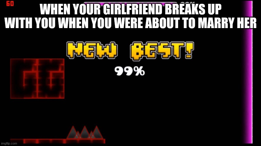 geometry dash fail 99% | WHEN YOUR GIRLFRIEND BREAKS UP WITH YOU WHEN YOU WERE ABOUT TO MARRY HER | image tagged in geometry dash fail 99 | made w/ Imgflip meme maker