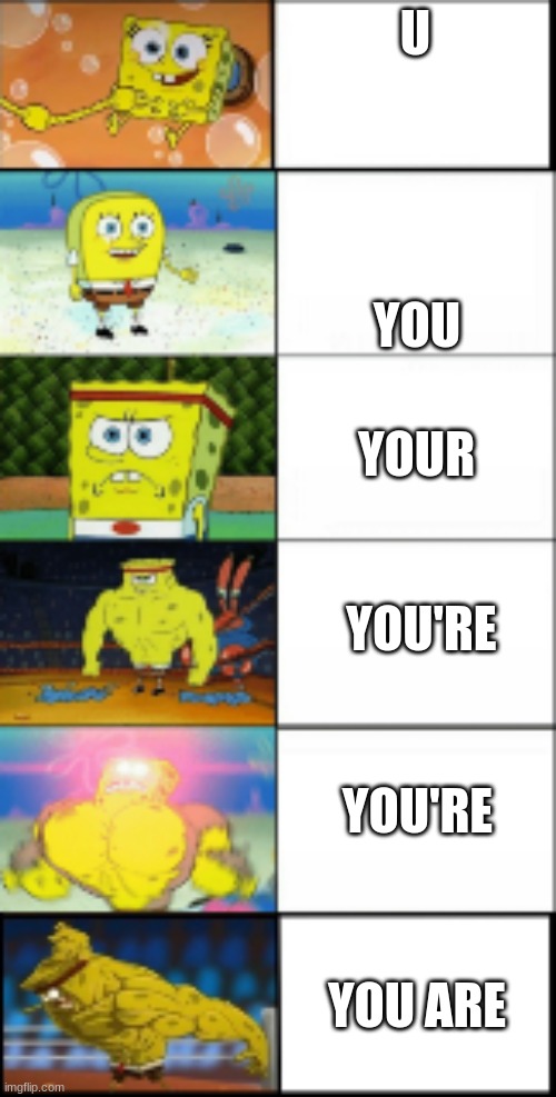 grammber | U; YOU; YOUR; YOU'RE; YOU'RE; YOU ARE | image tagged in baby spongebob to buff anime spongebob | made w/ Imgflip meme maker