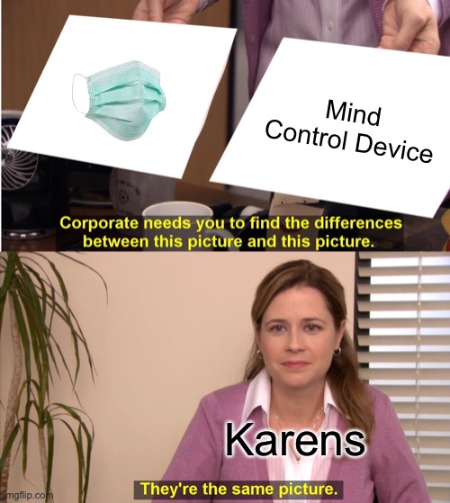 How Karen’s see the world…. | Mind Control Device; Karens | image tagged in memes,they're the same picture,karens,face mask | made w/ Imgflip meme maker
