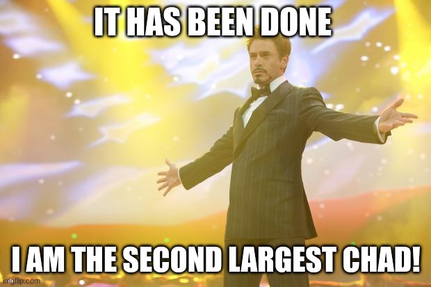 Tony Stark success | IT HAS BEEN DONE I AM THE SECOND LARGEST CHAD! | image tagged in tony stark success | made w/ Imgflip meme maker
