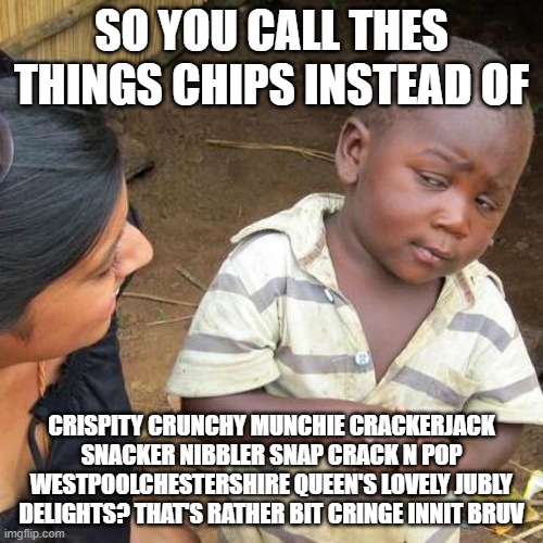 Third World Skeptical Kid | SO YOU CALL THES THINGS CHIPS INSTEAD OF; CRISPITY CRUNCHY MUNCHIE CRACKERJACK SNACKER NIBBLER SNAP CRACK N POP WESTPOOLCHESTERSHIRE QUEEN'S LOVELY JUBLY DELIGHTS? THAT'S RATHER BIT CRINGE INNIT BRUV | image tagged in memes,third world skeptical kid | made w/ Imgflip meme maker