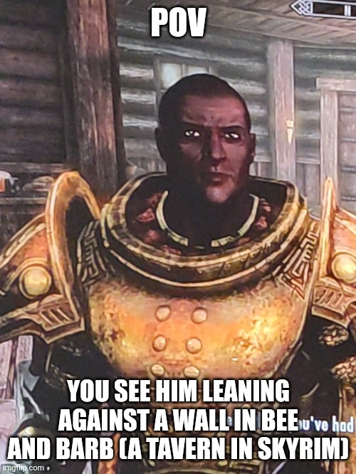 POV; YOU SEE HIM LEANING AGAINST A WALL IN BEE AND BARB (A TAVERN IN SKYRIM) | image tagged in my skyrim character | made w/ Imgflip meme maker