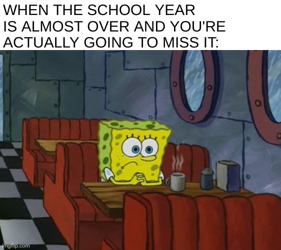 rip | WHEN THE SCHOOL YEAR IS ALMOST OVER AND YOU'RE ACTUALLY GOING TO MISS IT: | image tagged in sad spongebob,school memes,funni | made w/ Imgflip meme maker