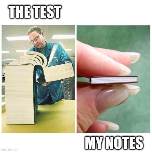 The test vs my notes | THE TEST; MY NOTES | image tagged in big book vs little book | made w/ Imgflip meme maker