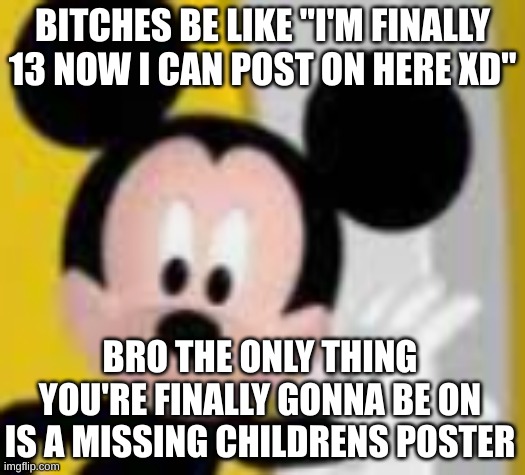 mickey mice | BITCHES BE LIKE "I'M FINALLY 13 NOW I CAN POST ON HERE XD"; BRO THE ONLY THING YOU'RE FINALLY GONNA BE ON IS A MISSING CHILDRENS POSTER | image tagged in mickey mice | made w/ Imgflip meme maker