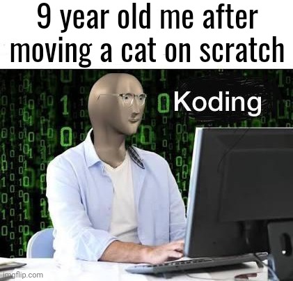 9 year old me after moving a cat on scratch | image tagged in koding | made w/ Imgflip meme maker