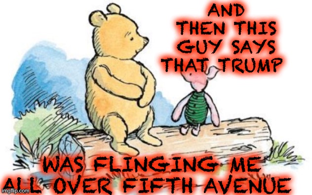 winnie the pooh and piglet | AND THEN THIS GUY SAYS THAT TRUMP WAS FLINGING ME ALL OVER FIFTH AVENUE | image tagged in winnie the pooh and piglet | made w/ Imgflip meme maker