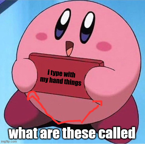 Kirby holding a sign | i type with my hand things what are these called | image tagged in kirby holding a sign | made w/ Imgflip meme maker