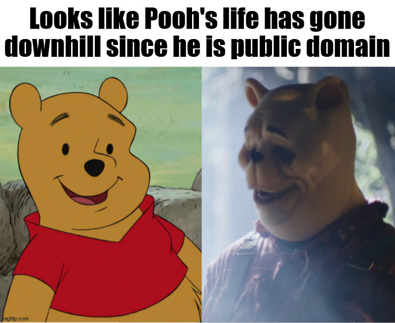 Looks like Pooh's life has gone downhill since he is public domain | image tagged in cursed image | made w/ Imgflip meme maker