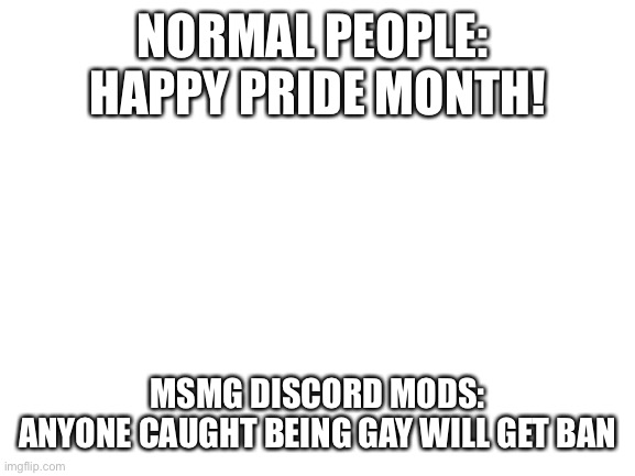 Lol | NORMAL PEOPLE: 
HAPPY PRIDE MONTH! MSMG DISCORD MODS:
ANYONE CAUGHT BEING GAY WILL GET BAN | image tagged in blank white template,lol | made w/ Imgflip meme maker