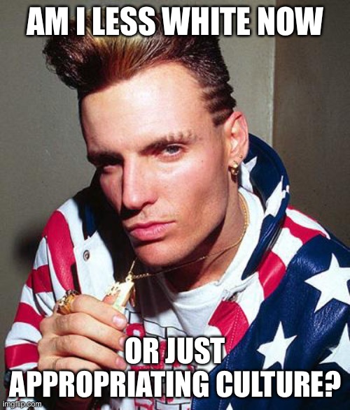 vanilla ice | AM I LESS WHITE NOW OR JUST APPROPRIATING CULTURE? | image tagged in vanilla ice | made w/ Imgflip meme maker