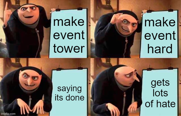 Gru's Plan | make event tower; make event hard; saying its done; gets lots of hate | image tagged in memes,gru's plan | made w/ Imgflip meme maker