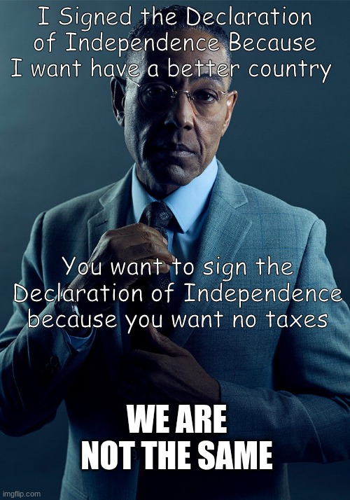 Gus Fring we are not the same | I Signed the Declaration of Independence Because I want have a better country; You want to sign the Declaration of Independence because you want no taxes; WE ARE NOT THE SAME | image tagged in gus fring we are not the same | made w/ Imgflip meme maker