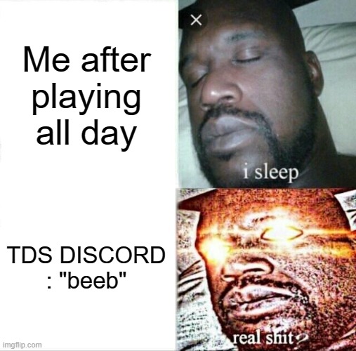 Sleeping Shaq | Me after playing all day; TDS DISCORD : "beeb" | image tagged in memes,sleeping shaq | made w/ Imgflip meme maker