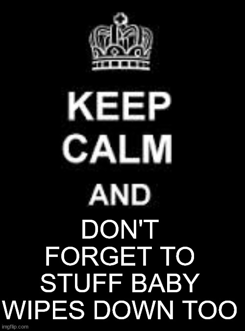 Keep calm blank | DON'T FORGET TO STUFF BABY WIPES DOWN TOO | image tagged in keep calm blank | made w/ Imgflip meme maker