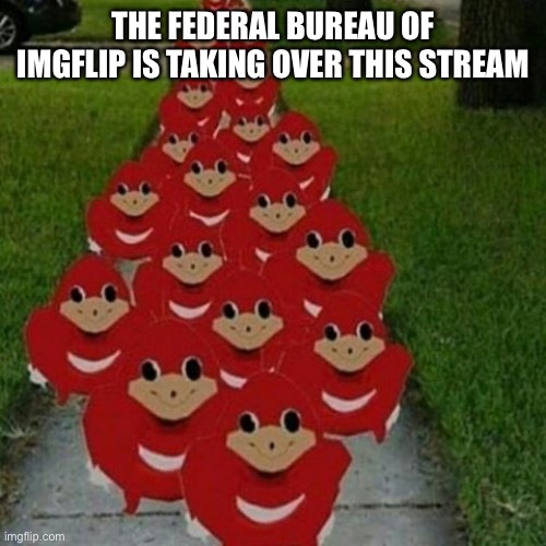 Ugandan knuckles army | THE FEDERAL BUREAU OF IMGFLIP IS TAKING OVER THIS STREAM | image tagged in ugandan knuckles army | made w/ Imgflip meme maker
