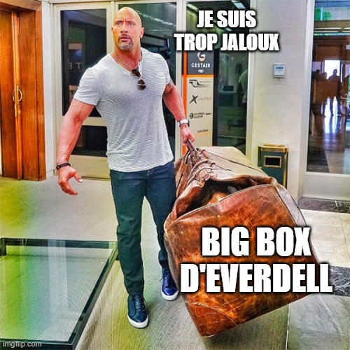 The Rock Carrying Giant Bag | JE SUIS TROP JALOUX; BIG BOX D'EVERDELL | image tagged in the rock carrying giant bag | made w/ Imgflip meme maker