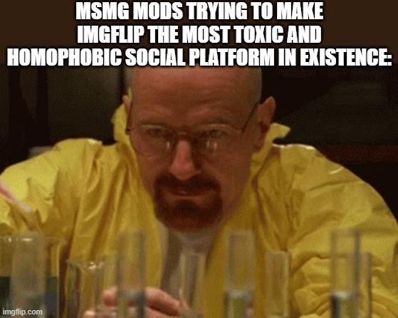A message to all of you. STAY AWAY FROM MSMG | MSMG MODS TRYING TO MAKE IMGFLIP THE MOST TOXIC AND HOMOPHOBIC SOCIAL PLATFORM IN EXISTENCE: | image tagged in walter white cooking | made w/ Imgflip meme maker