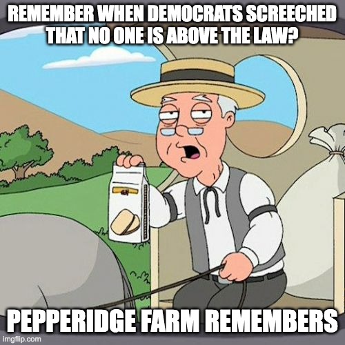 Pepperidge Farm Remembers Meme | REMEMBER WHEN DEMOCRATS SCREECHED
THAT NO ONE IS ABOVE THE LAW? PEPPERIDGE FARM REMEMBERS | image tagged in memes,pepperidge farm remembers | made w/ Imgflip meme maker