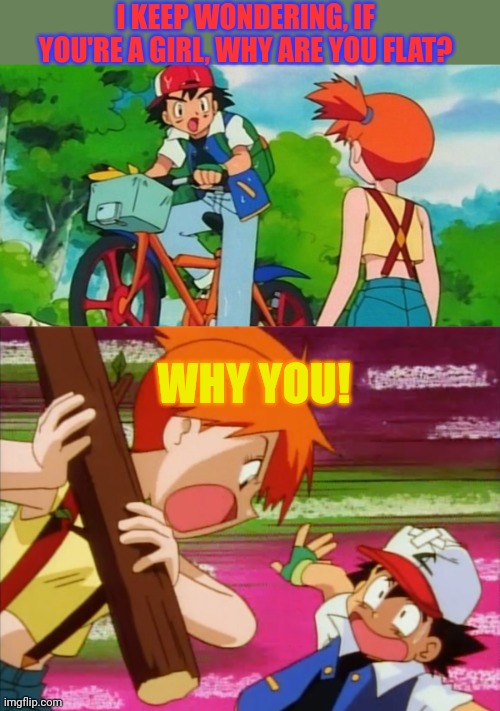 Pokemon the lost episodes | I KEEP WONDERING, IF YOU'RE A GIRL, WHY ARE YOU FLAT? WHY YOU! | image tagged in pokemon,lost,episodes,ash ketchum,misty | made w/ Imgflip meme maker