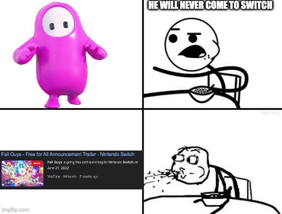 yay | HE WILL NEVER COME TO SWITCH | image tagged in he will never,fall guys,woo woo,nintendo switch | made w/ Imgflip meme maker