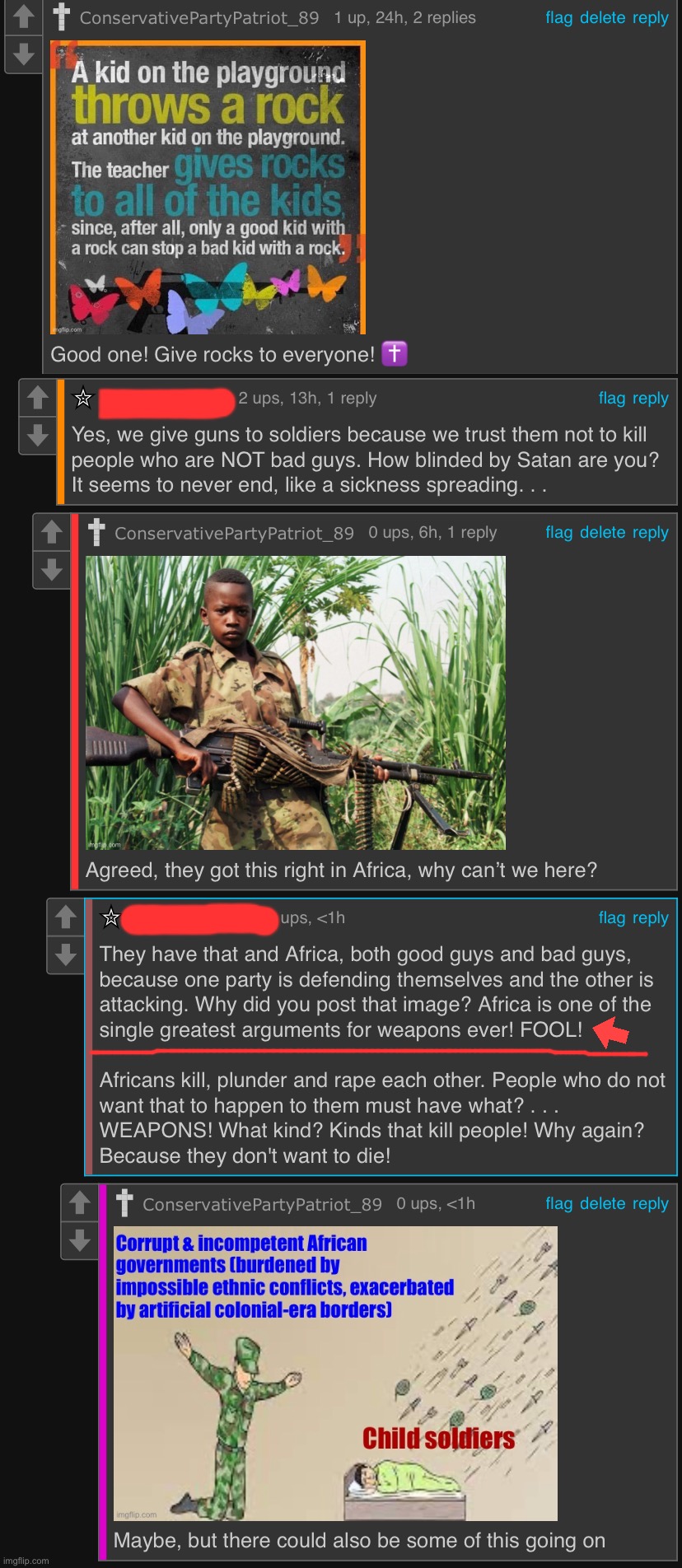 I don’t always post politics comments chains, but when I do, it’s because a gun-nut conservative went full child-soldier | image tagged in it came from the comments,and it came true,child soliders,conservative logic,bruh,u wot m8 | made w/ Imgflip meme maker