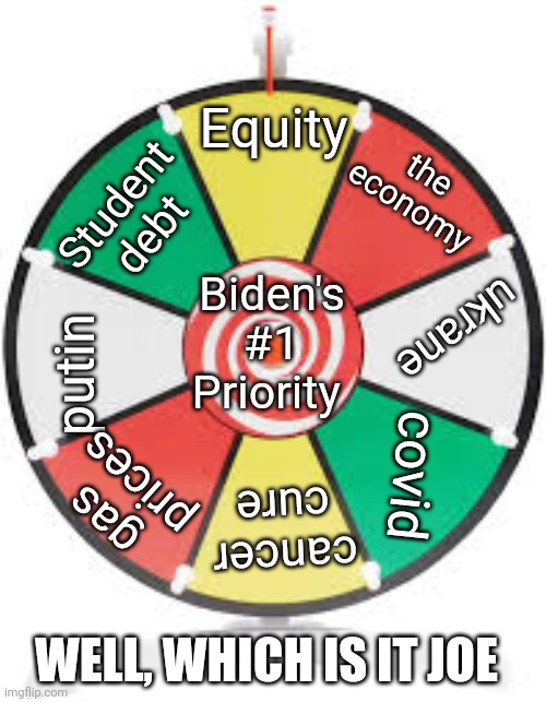 How many #1 priorities can you have? | Equity; the economy; Student debt; Biden's #1 Priority; ukrane; putin; covid; gas prices; cancer cure; WELL, WHICH IS IT JOE | image tagged in spinning wheel | made w/ Imgflip meme maker