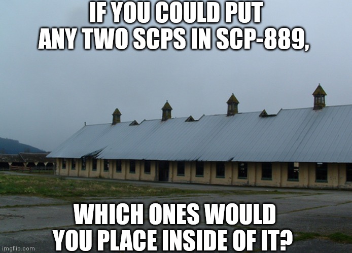 The only requirement is that it has to have a gender, so no SCP-173 | IF YOU COULD PUT ANY TWO SCPS IN SCP-889, WHICH ONES WOULD YOU PLACE INSIDE OF IT? | image tagged in scp-889,scp,question | made w/ Imgflip meme maker
