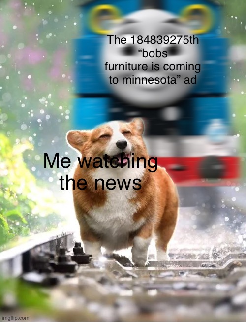 Dog about to get hit by Thomas the Train | The 184839275th “bobs furniture is coming to minnesota” ad; Me watching the news | made w/ Imgflip meme maker