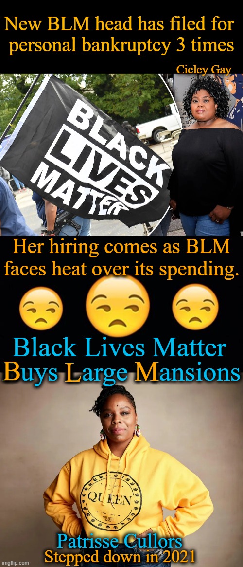 Wondering how long it will take her to go through BLM assets of $43 million? | New BLM head has filed for 
personal bankruptcy 3 times; Cicley Gay; Her hiring comes as BLM faces heat over its spending. B; Buys Large Mansions; Black Lives Matter; L; M; Patrisse Cullors; Stepped down in 2021 | image tagged in politics,blm,poor money management,make her the chair of blm,what could go wrong,bankruptcy | made w/ Imgflip meme maker