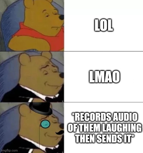 The many ways of laughter | LOL; LMAO; *RECORDS AUDIO OF THEM LAUGHING THEN SENDS IT* | image tagged in fancy pooh,lol,lmao,laughter | made w/ Imgflip meme maker