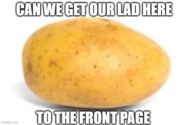 our potato's quest to the front page starts here | CAN WE GET OUR LAD HERE; TO THE FRONT PAGE | image tagged in potato | made w/ Imgflip meme maker