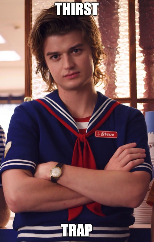stevie thirsty |  THIRST; TRAP | image tagged in steve harrington ahoy,thirsty,stranger things | made w/ Imgflip meme maker