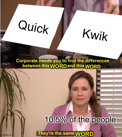 they’re the same word | Quick; Kwik; WORD; WORD; 10.5% of the people; WORD | image tagged in memes,they're the same picture | made w/ Imgflip meme maker