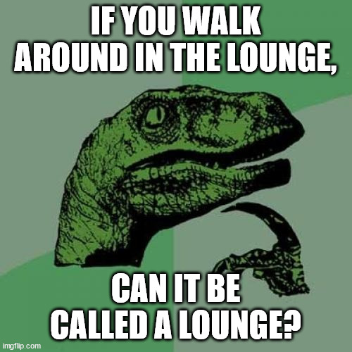 Philosoraptor Meme | IF YOU WALK AROUND IN THE LOUNGE, CAN IT BE CALLED A LOUNGE? | image tagged in memes,philosoraptor | made w/ Imgflip meme maker