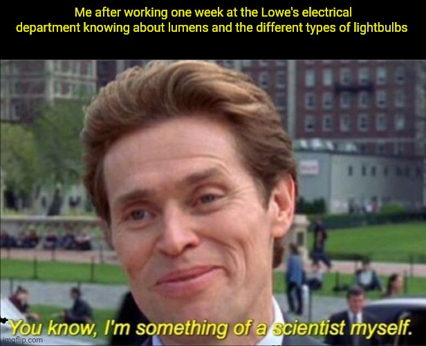 You know, I'm something of a scientist myself |  Me after working one week at the Lowe's electrical department knowing about lumens and the different types of lightbulbs | image tagged in you know i'm something of a scientist myself | made w/ Imgflip meme maker