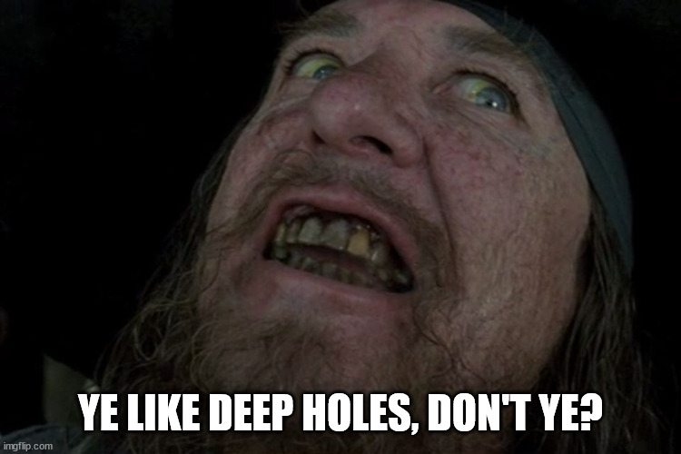Captain Barbosa Pirates of the Caribbean | YE LIKE DEEP HOLES, DON'T YE? | image tagged in captain barbosa pirates of the caribbean | made w/ Imgflip meme maker
