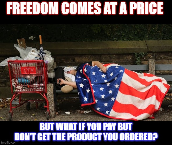 What if you're lied to about how free you really are? | FREEDOM COMES AT A PRICE; BUT WHAT IF YOU PAY BUT DON'T GET THE PRODUCT YOU ORDERED? | image tagged in freedom,homeless,rights,american flag,lies | made w/ Imgflip meme maker