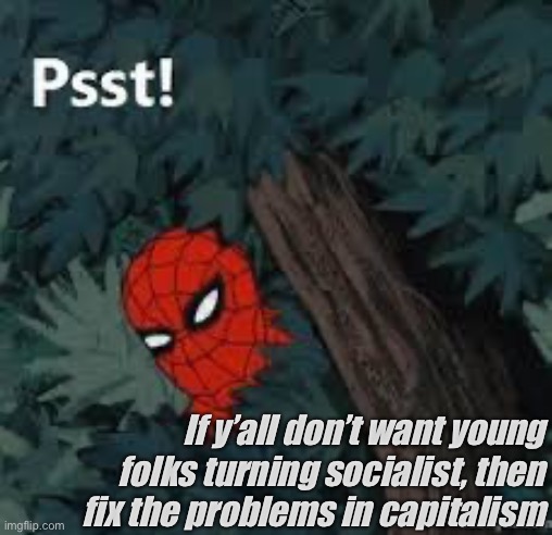 Republicans claim they don’t want a socialist future, even as they’re doing everything in their power to guarantee one | If y’all don’t want young folks turning socialist, then fix the problems in capitalism | image tagged in spiderman psst,socialism,capitalism,democratic socialism,socialist,socialists | made w/ Imgflip meme maker